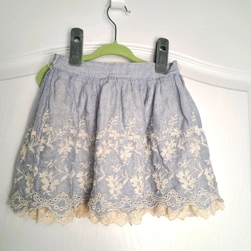 Blue and White Seersucker skirt with eyelet floral Embroidery